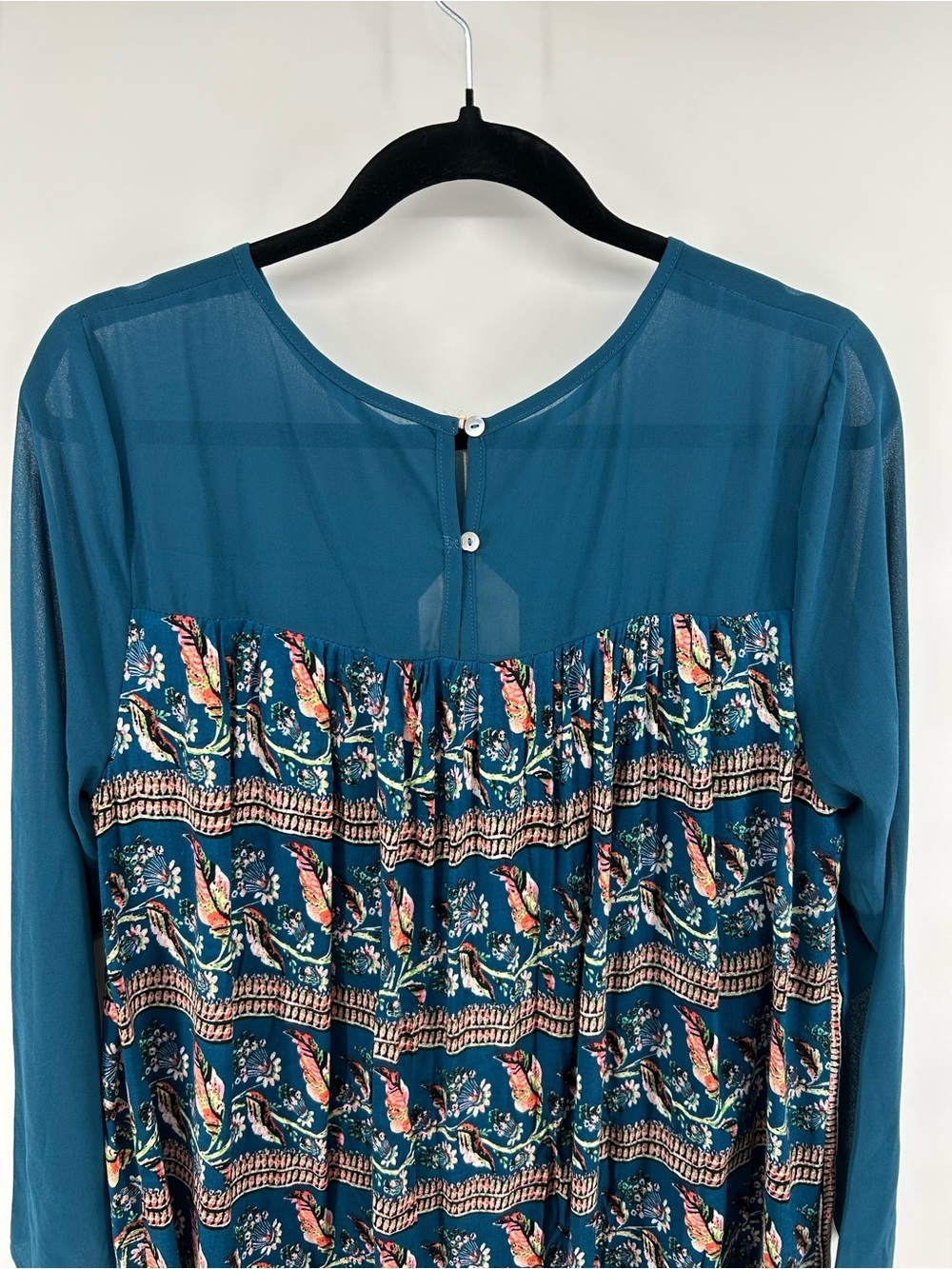 NWT Entro Teal Boho Shift Dress M Lace Floral Border Print Sheer Long Sleeve - Picture 6 of 7